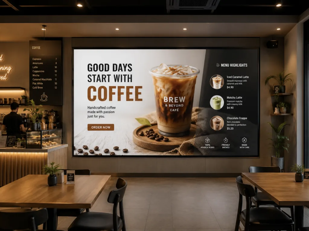 Digital menu signage inside a coffee shop