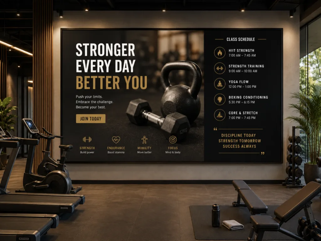 Digital signage presenting fitness content inside a gym
