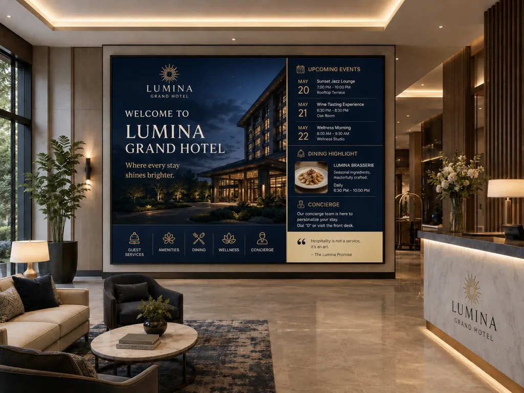 Digital welcome signage in a hotel lobby