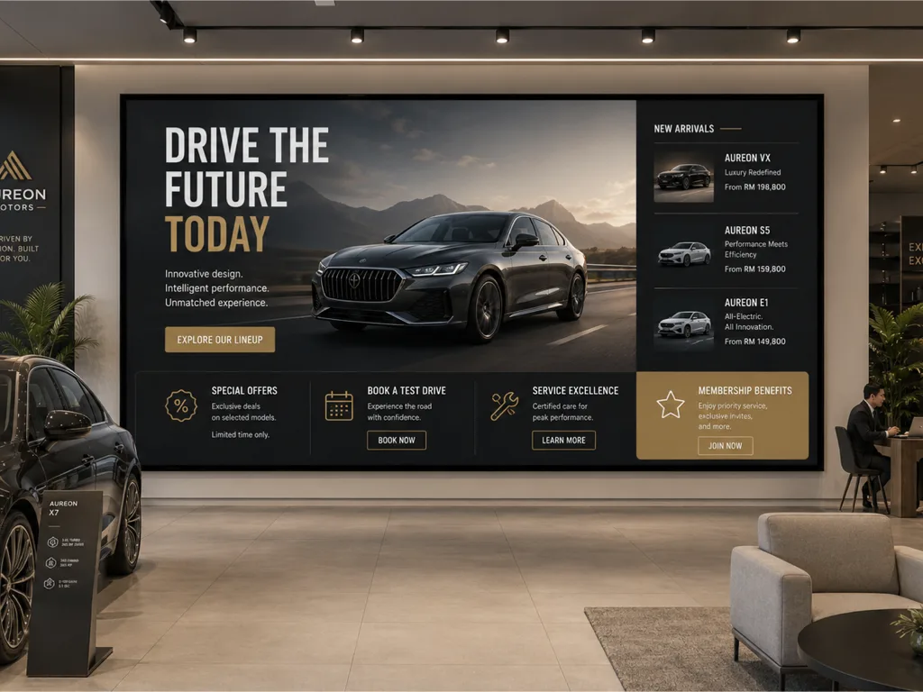 Digital promotional signage inside a motor showroom