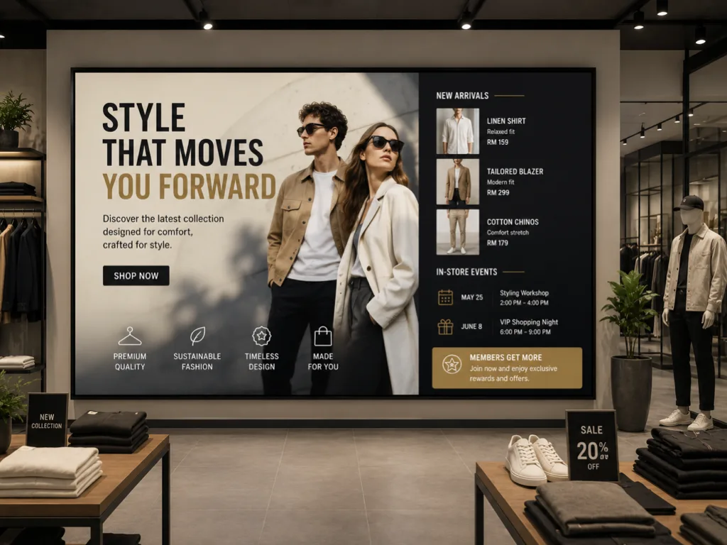 Digital retail signage showcasing a fashion collection
