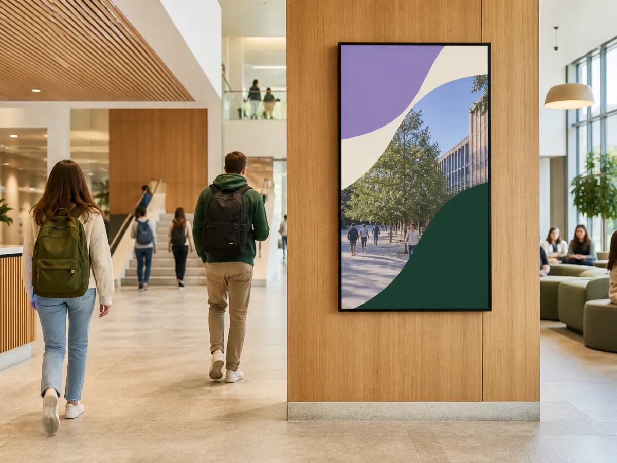 Digital information screen in a university lobby