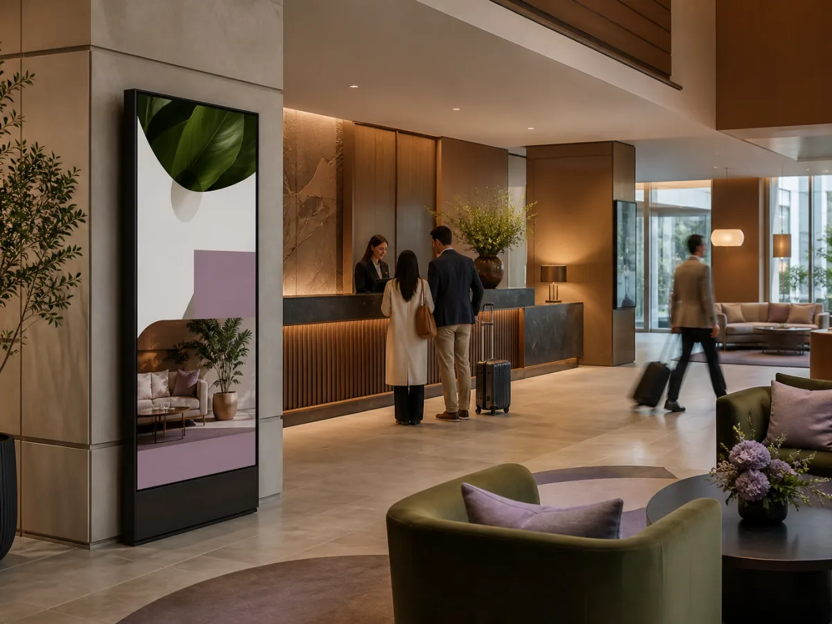 Digital welcome display in a hotel lobby