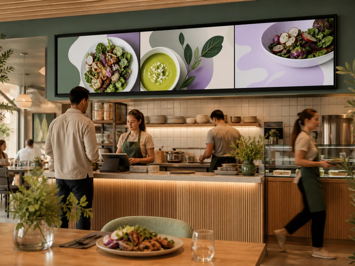 Digital menu boards above a restaurant counter